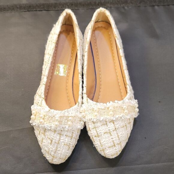 BRAND NEW SIFAYF FAUX PEARL   ELEGANT BALLET PLAID PATTERN TWEED BALLET FLAT - Picture 2 of 15